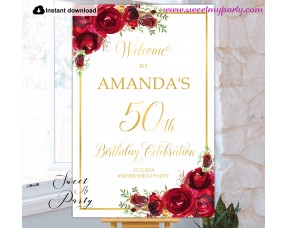 Red Roses 50th Birthday Party Welcome sign template,(16)